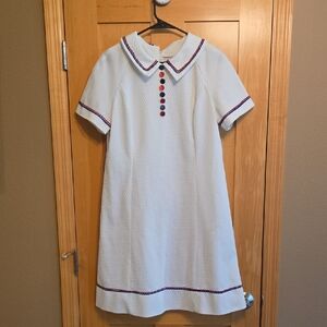 White Short Sleeve Dress with Red and Blue Accents